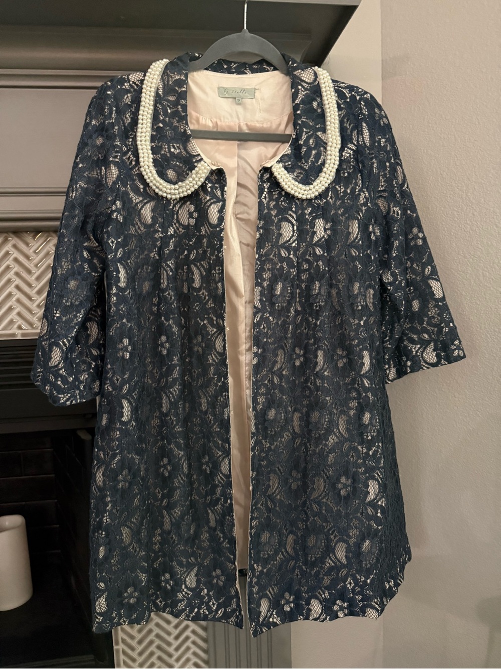 Beaded Pearl Collar Navy Lace Coat